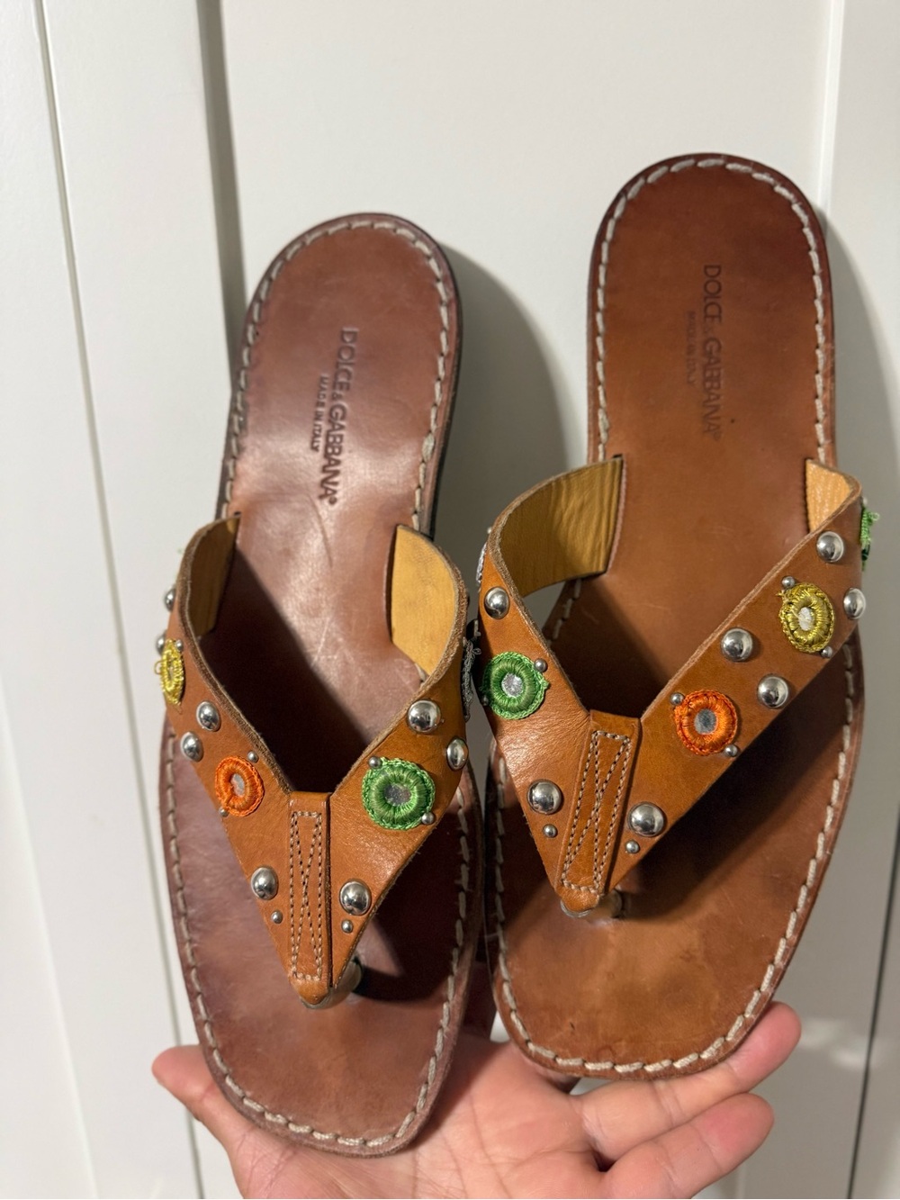 Dolce & Gabbana Brown Leather Embellished Women's Thong Sandals